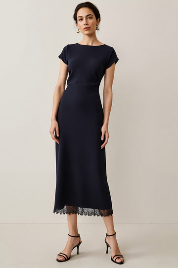 Navy Satin A Line Semi Formal Dress with Lace